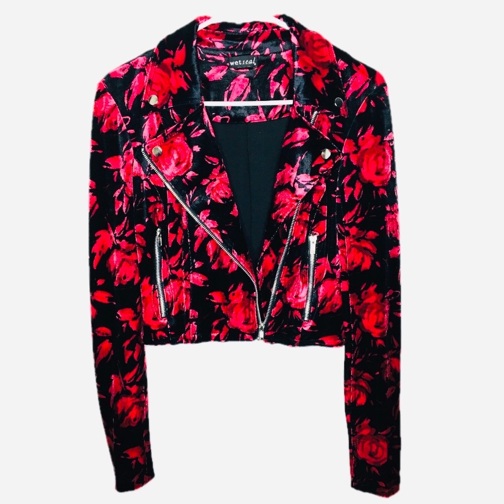 Wet seal red and black rose cropped jacket